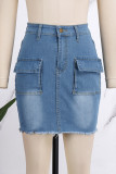 Blue Casual Solid Patchwork Buttons High Waist Skinny Denim Skirts