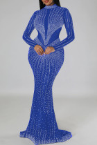 Синее сексуальное лоскутное горячее сверление прозрачное длинное платье с высоким воротником