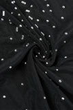 Zwart sexy patchwork hete boren doorzichtige halve coltrui lange jurkjurken