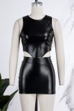 Black Casual Solid Basic O Neck Sleeveless Two Pieces