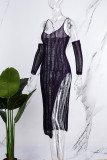 Lila Sexy Solides, ausgehöhltes, durchsichtiges, rückenfreies, geschlitztes Sling-Kleid mit U-Ausschnitt (mit Ärmeln)