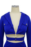 Blue Sexy Street Solid Patchwork Pocket Turn-back Collar Straight Rompers