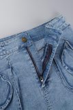 Königsblaue, lässige, solide Patchwork-Jeansröcke mit hoher Taille und schmaler Passform
