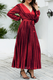 Красные элегантные бронзовые плиссированные платья со складками уздечки и V-образным вырезом (с поясом)