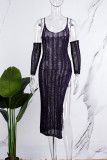 Lila Sexy Solides, ausgehöhltes, durchsichtiges, rückenfreies, geschlitztes Sling-Kleid mit U-Ausschnitt (mit Ärmeln)