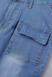 Blaue, lässige, solide Patchwork-Jeansröcke mit Knöpfen und hoher Taille