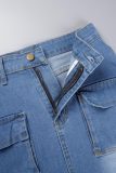 Blå Casual Solid Patchwork-knappar Hög midja Skinny jeanskjolar