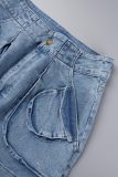 Königsblaue, lässige, solide Patchwork-Jeansröcke mit hoher Taille und schmaler Passform