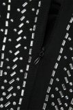 Schwarze sexy Patchwork-Hot-Drilling-durchsichtige lange Kleider mit halbem Rollkragen