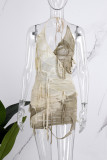 Abrikoos sexy print bandage tie-dye rugloze halter mouwloze jurk Jurken
