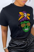 Black Daily Print Skull Patchwork O Neck T-Shirts