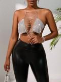 Silver Sexy Solid Patchwork Metal Accessories Decoration Chains Backless Halter Tops