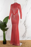 Rosa Vermelho Sexy Patchwork Perfuração Quente Transparente Vestido Longo Gola Alta