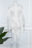 Blanc Sexy Patchwork Chaud Forage Transparent Asymétrique Demi Col Roulé À Manches Longues Robes