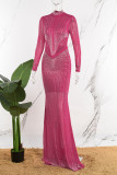 Vestido largo de cuello alto transparente con perforaciones en caliente de patchwork sexy rojo rosa Vestidos