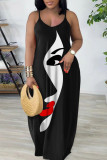 Black Red Sexy Casual Print Backless Spaghetti Strap Long Dress Dresses