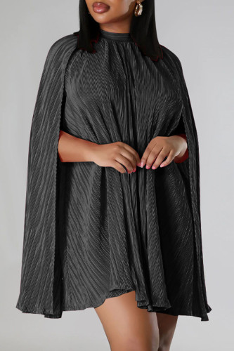 Black Street Solid Patchwork Fold Half A Turtleneck A Line Dresses(No Belt)