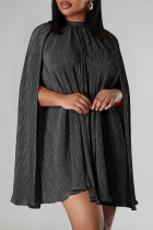 Schwarzes Street Solid Patchwork-Kleid mit halbem Rollkragen und A-Linie (ohne Gürtel)