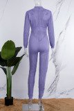 Purple Casual Solid Patchwork See-through Turtleneck Skinny Jumpsuits