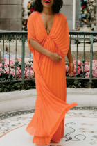 Orangefarbene, lässige, einfarbige, plissierte Patchwork-Kleider mit V-Ausschnitt