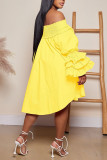 Желтые повседневные однотонные платья принцессы в стиле пэчворк с открытыми плечами