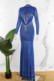 Blaue sexy Patchwork-Hot-Drilling-durchsichtige lange Kleider mit halbem Rollkragen