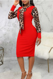 Robes de jupe enveloppées de cou d'impression de patchwork de léopard élégant de style britannique sexy rouge