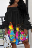 Zwart casual street print patchwork vouw asymmetrisch off-shoulder onregelmatige jurk jurken