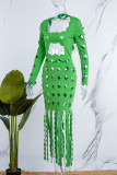 Groene Sexy Casual Effen Kwastje Uitgeholde Doorzichtige Jurken met vierkante kraag en lange mouwen
