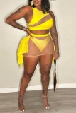 Желтый Сексуальный сплошной пэчворк Прозрачный купальник большого размера с круглым вырезом из трех частей (без накладок)