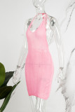 ピンクのセクシーな固体包帯バックレス ホルター ノースリーブ ドレス ドレス