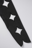 Vestidos pretos sexy casuais lisos com borla vazada transparente gola quadrada manga longa