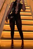 Black Sexy Casual Solid Hollowed Out See-through O Neck Skinny Jumpsuits