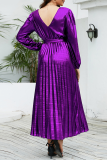 Purple Elegant Bronzing Frenulum Fold Reflective V Neck Pleated Dresses(With Belt)