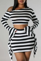 Stripe Casual Striped Print Patchwork Oblique Collar Long Sleeve Two Pieces