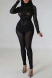 Zwarte casual stevige patchwork doorzichtige coltrui skinny jumpsuits
