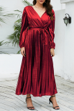 Rode Elegante Bronzing Frenulum Fold Reflecterende V-hals geplooide jurken (met riem)