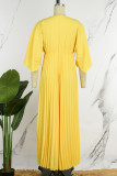 Yellow Casual Solid Patchwork V Neck Pleated Dresses