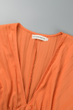 Orange Casual Solid Patchwork V Neck Pleated Dresses