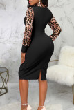 Zwarte sexy Britse stijl elegante luipaard patchwork afdrukken O-hals gewikkelde rokjurken
