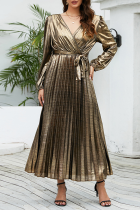 Goldfarbenes, elegantes, bronzierendes Frenulum-Faltenkleid mit reflektierendem V-Ausschnitt und Plissee (mit Gürtel)