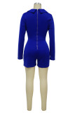 Blue Sexy Street Solid Patchwork Pocket Turn-back Collar Straight Rompers