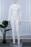 Weiße, legere, einfarbige, durchsichtige, schmale Rollkragen-Jumpsuits mit Patchwork-Ausschnitt