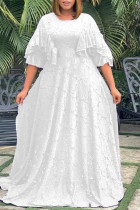 Белые повседневные элегантные однотонные кружевные сетчатые платья трапециевидной формы с круглым вырезом больших размеров белого цвета (без пояса)