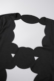 Черные сексуальные повседневные однотонные платья с кисточками и прозрачным квадратным воротником с длинным рукавом