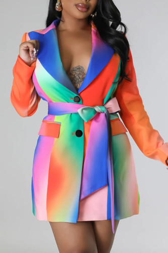 Colour Casual Print Patchwork Buttons With Belt Turn-back Collar Suit Dress Dresses