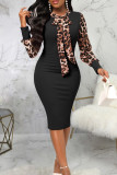 Черные сексуальные британские стильные элегантные леопардовые лоскутные платья с круглым вырезом и юбкой с запахом