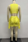 Conjunto de tres piezas de traje de baño de talla grande con cuello en O transparente de patchwork sólido sexy amarillo (sin rellenos)