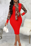 Rojo sexy estilo británico elegante leopardo patchwork impresión o cuello envuelto falda vestidos