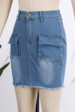 Blue Casual Solid Patchwork Buttons High Waist Skinny Denim Skirts